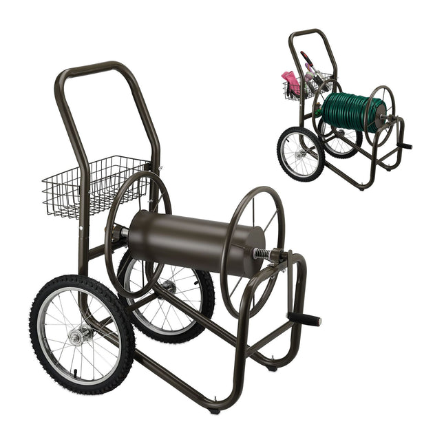Chariot porte-tuyau marron avec panier