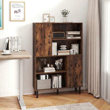 Buffet marron, 4 compartiments, 2 portes, pieds en métal
