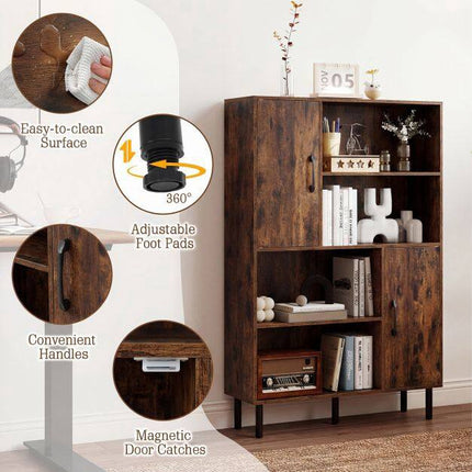 Buffet marron, 4 compartiments, 2 portes, pieds en métal