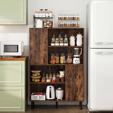 Buffet marron, 4 compartiments, 2 portes, pieds en métal
