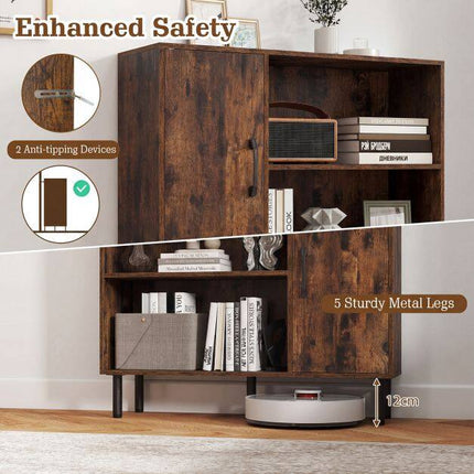 Buffet marron, 4 compartiments, 2 portes, pieds en métal