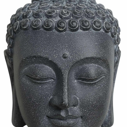 Sculpture de tête de Bouddha, polyrésine, finition pierre de lave