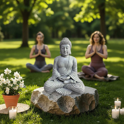 Statue de Bouddha, 42 cm, effet pierre, résistante aux intempéries