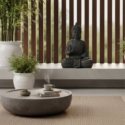 Statue de Bouddha 52 cm, résine polyuréthane résistante aux intempéries, finition pierre