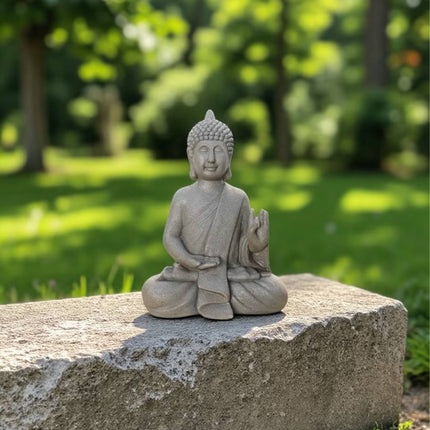 Statue de Bouddha 52 cm, résine polyuréthane résistante aux intempéries, finition pierre