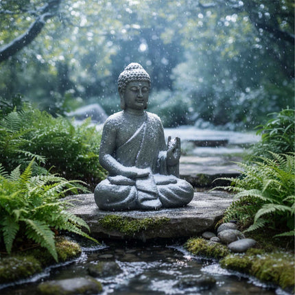 Statue de Bouddha 52 cm, résine polyuréthane résistante aux intempéries, finition pierre