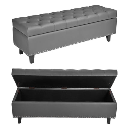 Button-Tufted Storage Ottoman Bench, PU Leather, 51 in, Gray