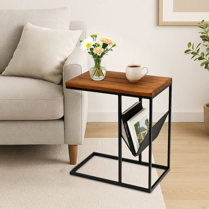 Table d'appoint en forme de C avec porte-revues, bois et métal