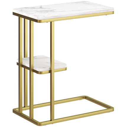 Table d'appoint en forme de C avec rangement, aspect marbre, cadre doré