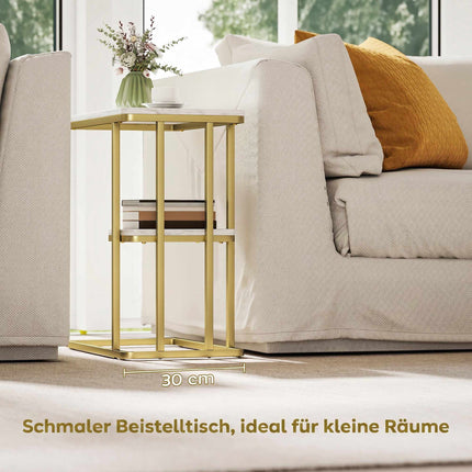 Table d'appoint en forme de C avec rangement, aspect marbre, cadre doré
