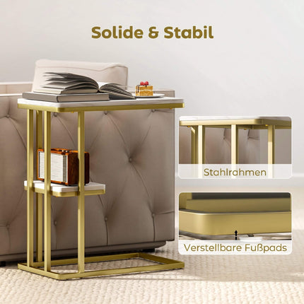 Table d'appoint en forme de C avec rangement, aspect marbre, cadre doré