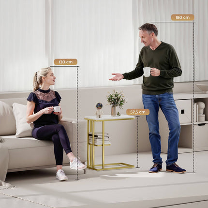 Table d'appoint en forme de C avec rangement, aspect marbre, cadre doré