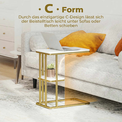 Table d'appoint en forme de C avec rangement, aspect marbre, cadre doré