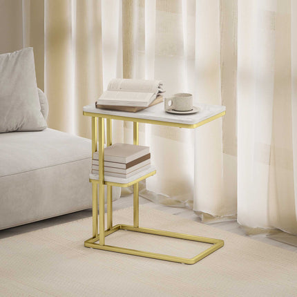 Table d'appoint en forme de C avec rangement, aspect marbre, cadre doré