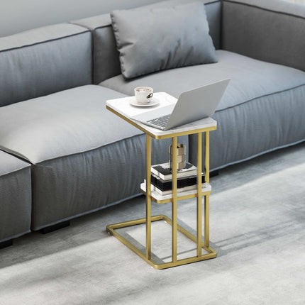 Table d'appoint en forme de C avec rangement, aspect marbre, cadre doré