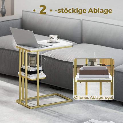 Table d'appoint en forme de C avec rangement, aspect marbre, cadre doré
