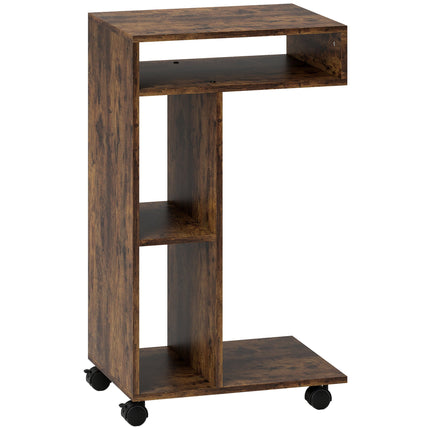 Table d'appoint en forme de C à roulettes, 3 étagères, marron rustique