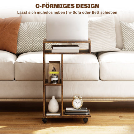 Table d'appoint en forme de C à roulettes, 3 étagères, marron rustique