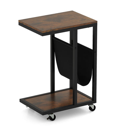 Table d'appoint en forme de C avec roulettes, structure en métal, rangement