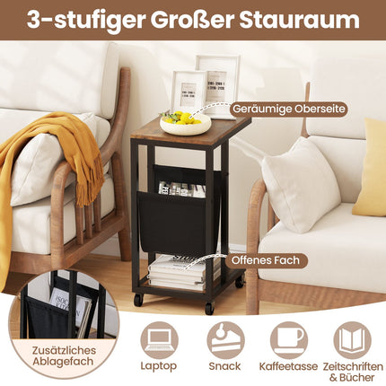 Table d'appoint en forme de C avec roulettes, structure en métal, rangement