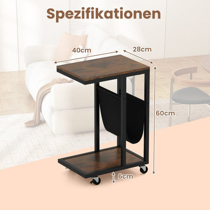 Table d'appoint en forme de C avec roulettes, structure en métal, rangement