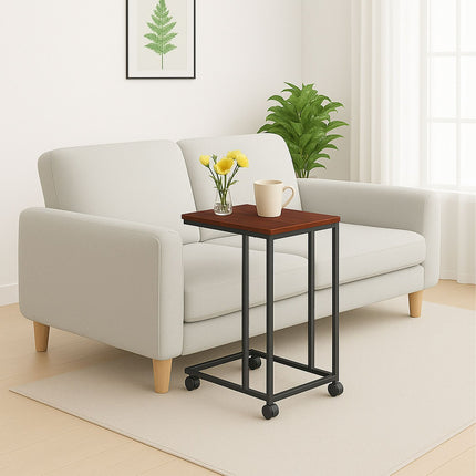 Table d'appoint en forme de C avec roulettes - Effet bois, structure en métal