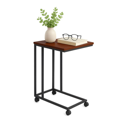Table d'appoint en forme de C avec roulettes - Effet bois, structure en métal