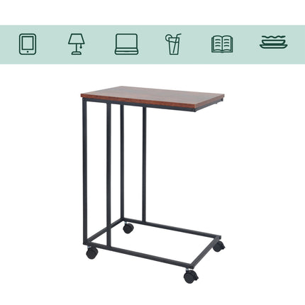 Table d'appoint en forme de C avec roulettes - Effet bois, structure en métal