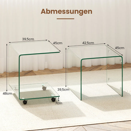 C-förmiger Beistelltisch aus gehärtetem Glas mit Rollen