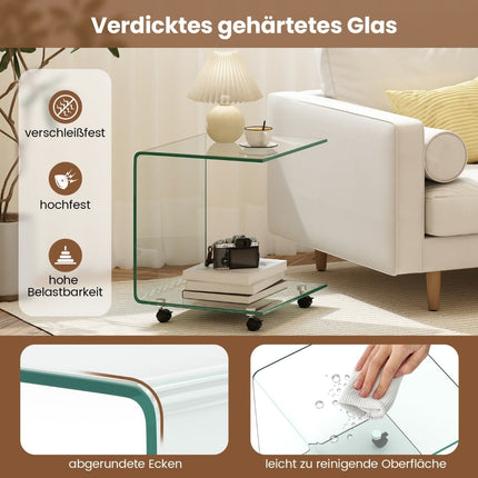C-förmiger Beistelltisch aus gehärtetem Glas mit Rollen