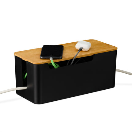 Boîte de rangement pour câbles avec couvercle en bambou, noire