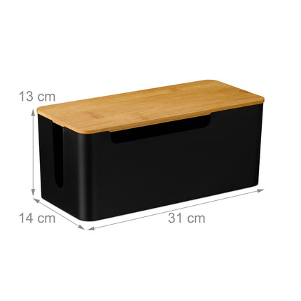 Boîte de rangement pour câbles avec couvercle en bambou, noire