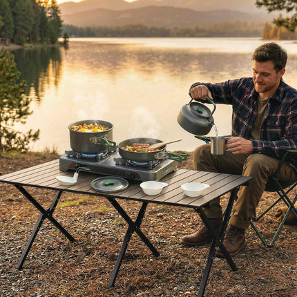 Batterie de cuisine de camping, 5 pièces, poignées anti-brûlure, grise