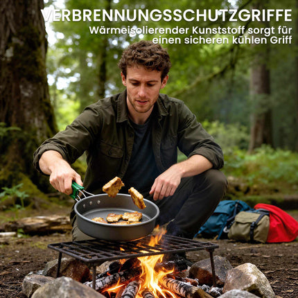 Batterie de cuisine de camping, 5 pièces, poignées anti-brûlure, grise