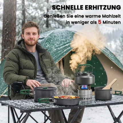 Batterie de cuisine de camping, 5 pièces, poignées anti-brûlure, grise