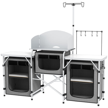 Faltbare Campingküche mit 3 Schränken und Arbeitsplatten, grau