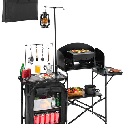 Camping Kitchen Table with Windscreen, Storage, Carry Bag