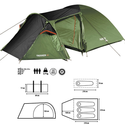 Campingzelt, 3-Personen, leicht, einfacher Aufbau
