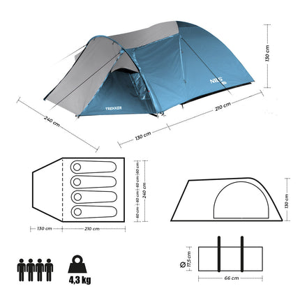 Campingzelt, Blau-Grau, 2 Personen, Leichtgewicht