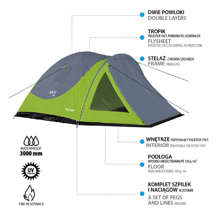 Tente de camping, vert-gris, 2 personnes, imperméable