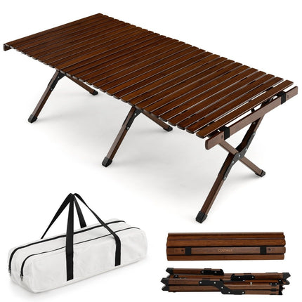 Table de camping table de pique-nique pliante avec sac de transport table en bambou enroulable 122 x 60 x 43,5 cm café