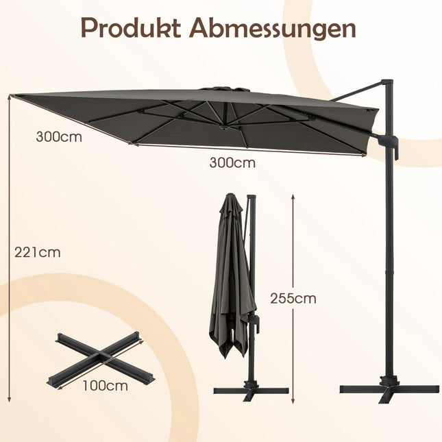 Parasol déporté de terrasse 300 x 300 cm, rotation à 360°