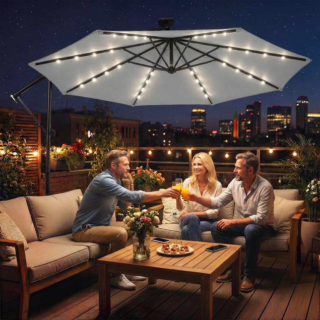 Parasol déporté de terrasse, 3 x 3 m, éclairage LED solaire, résistant aux UV