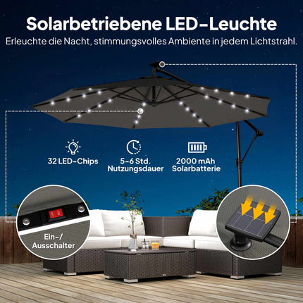 Ampelschirm, 3x3m, Solar-LED, UV-beständig