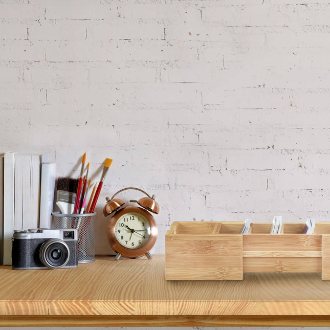 Organiseur de cartes DIN A8 en bambou naturel pour tiroir de bureau, rangement pour stylos et fournitures