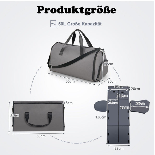 Handgepäcktasche mit Schuhfach und verstellbarem Schultergurt 2-in-1 Hängende Anzug-Reisetasche Dunkelgrau