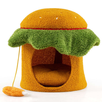 Niche-lit pour chat, en forme de hamburger, coussin moelleux, orange