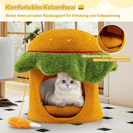 Niche-lit pour chat, en forme de hamburger, coussin moelleux, orange