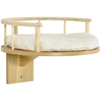 Lit Pour Chat Pour Chaise Longue Pour Chat À Montage Mural Avec Bord De Protection Et Coussin, Chêne + Blanc Crème, Ø34X10,5 Cm