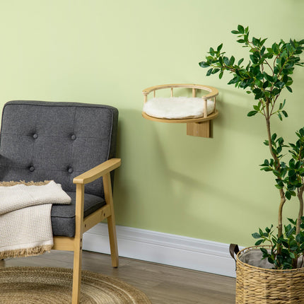 Lit Pour Chat Pour Chaise Longue Pour Chat À Montage Mural Avec Bord De Protection Et Coussin, Chêne + Blanc Crème, Ø34X10,5 Cm